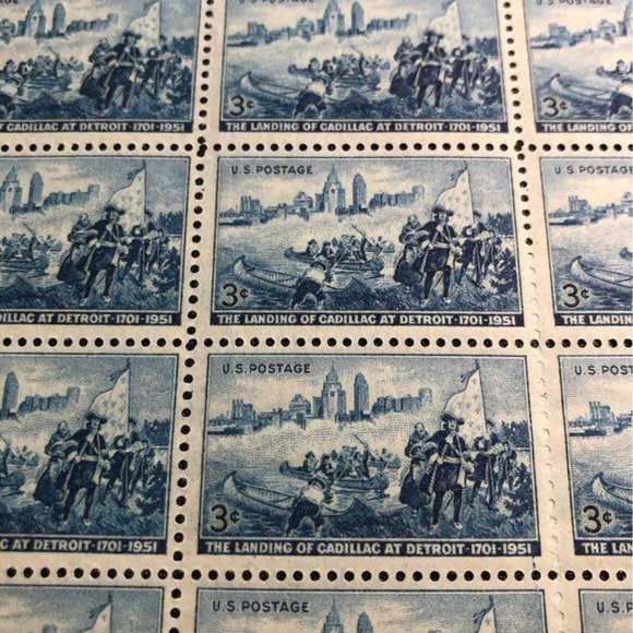 1951 Landing at Cadillac, Michigan, Postage Stamp Sheet, Vintage Unused USA #100 - Picture 3 of 4